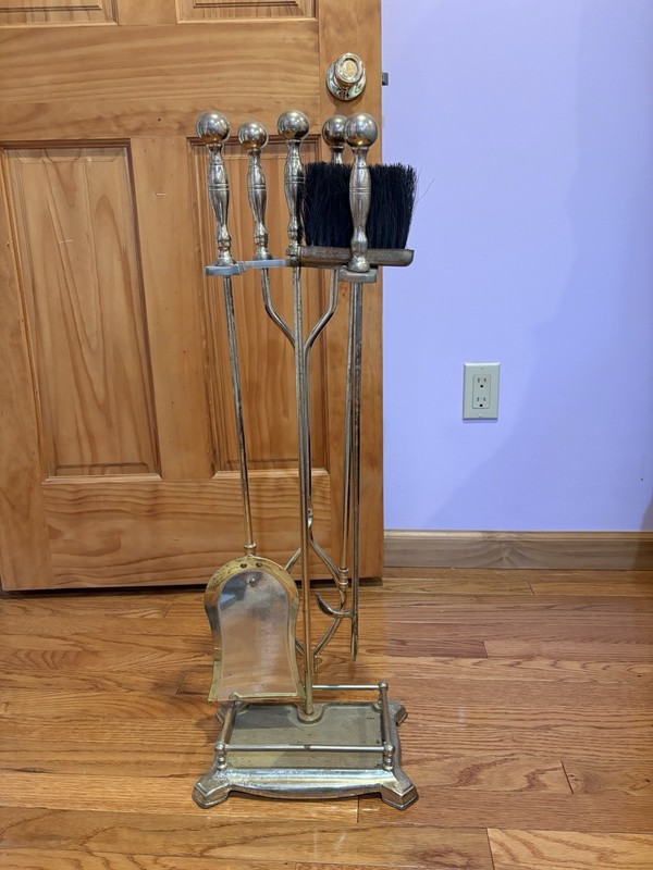 Silver Polished Metal Fireplace Companion Set w/ Stand, Shovel, Poker, Tongs