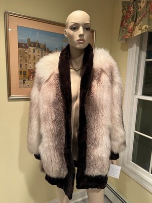 NEW Arctic Shadow Fox & Sheared Beaver 31'' Length Real Fur Coat Size 8/10 Medium
