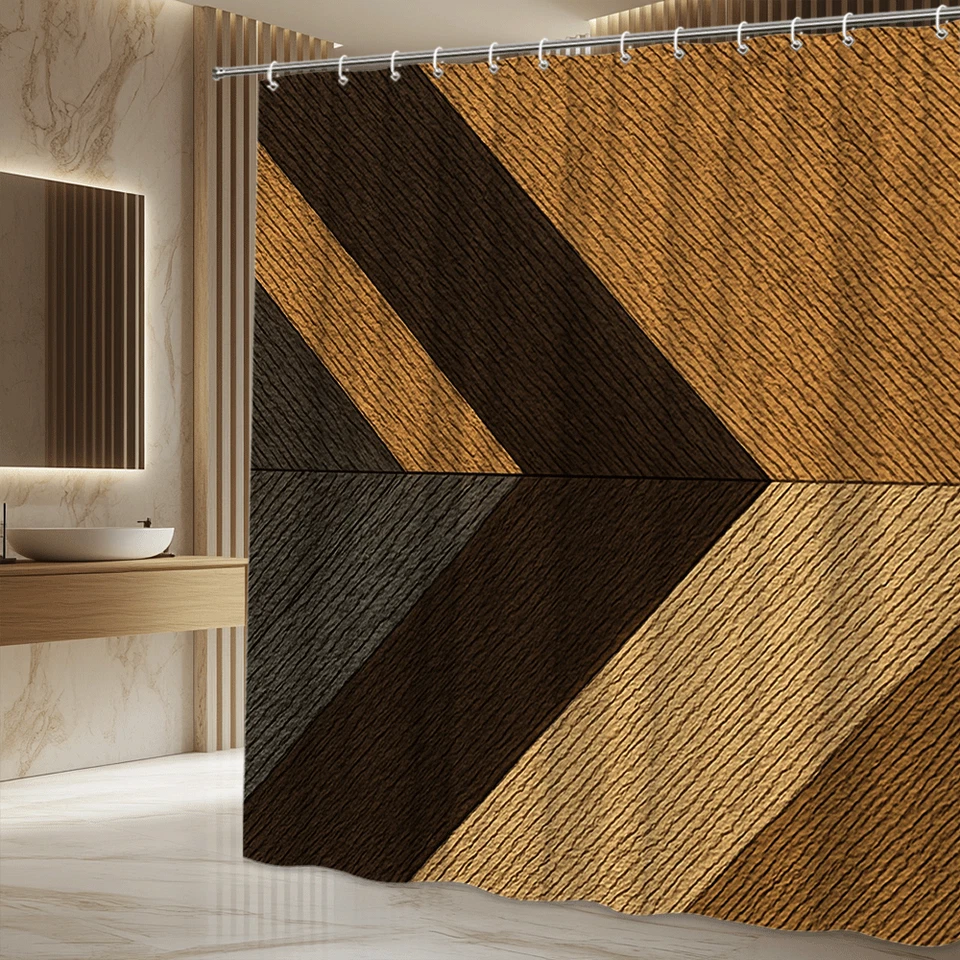 Elegante cortina de ducha Chevron marrón y beige para baños modernos Foto 4 de 4