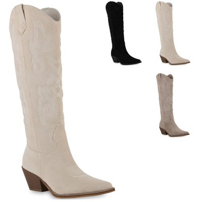 VAN HILL Damen Cowboystiefel Eleanor Stiefel Stickerei Trichterabsatz Trendy