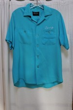 Vtg 1950s King Louie Ten Strike Bowling Shirt Turquoise Chainstitch USA Size M
