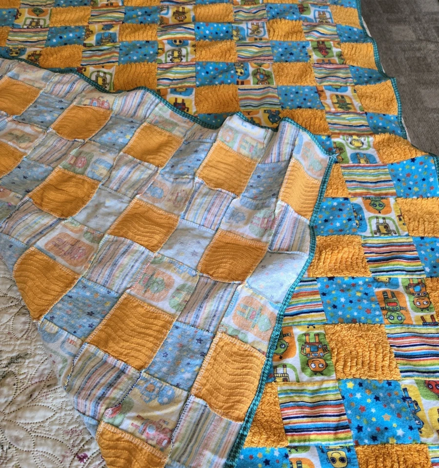 Robots Patch Quilt Blanket Kids Baby Flannel & Chenille Handmade  - Image 3 of 4