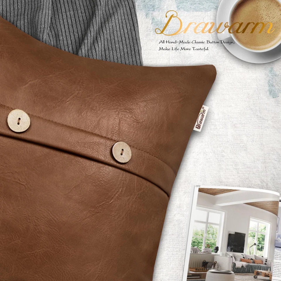 Leather Throw Pillow Covers 20 X 20 Inches, Brown Faux Leather Pillow Cover w... - Image 4 of 4