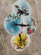 4 Vintage Paper Hand Fans with Metal Handles. Bird Themes. Beautiful