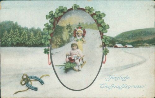 Ansichtskarte Weihnachten um 1920 Kinder Schlitten Hufeisen  (9869)