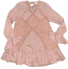 Umgee Size S Pink Long Sleeve Dress Peasant Boho Cotton Lace Cottagecore