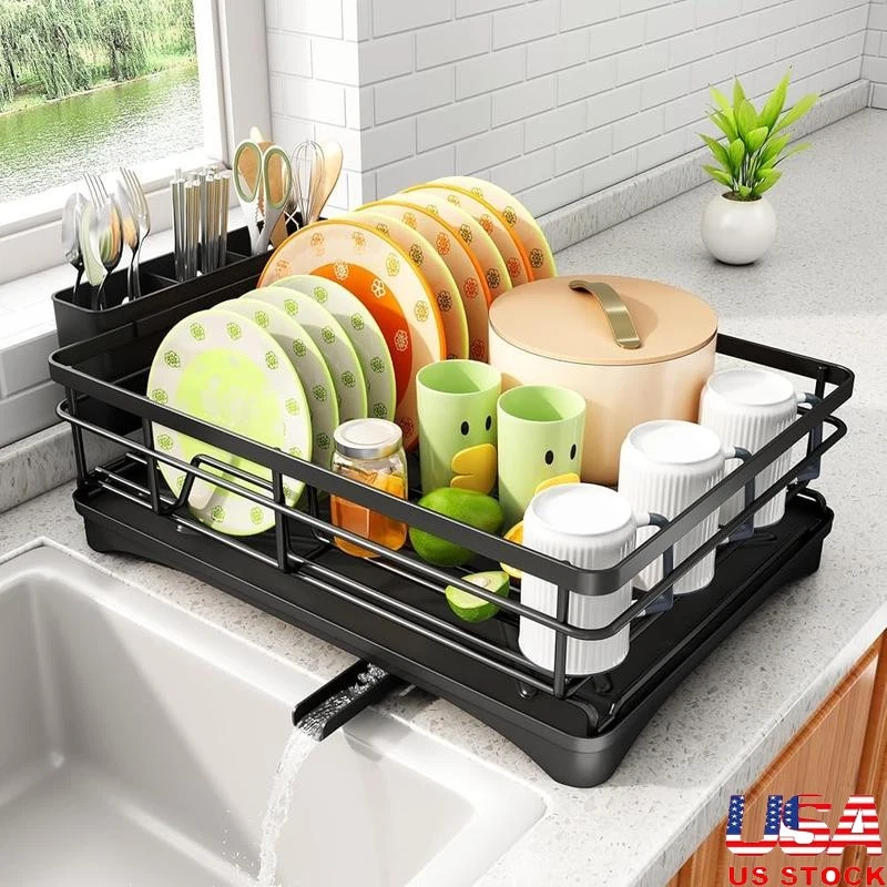Stainless Steel Dish Drying Rack W/ Drainboard Cutlery Holder Kitchen Organizer