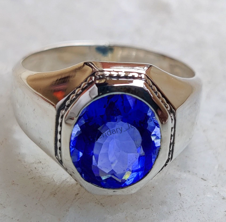 Мужское кольцо ручной работы с натуральным драгоценным камнем танзанитом из стерлингового серебра 925 пробы - Изображение 2 из 4