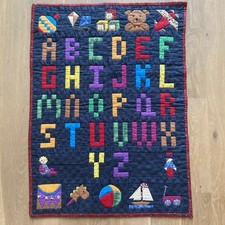 Vintage Hand Pieced Alphabet Baby Quilt Blue 36 x 27 Wall Hanging Boys Room