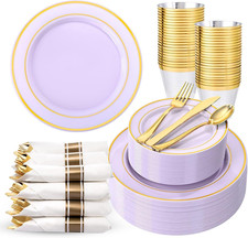 350PCS Purple Plastic Plates Disposable - 50 Guests Disposable Dinnerware Sets