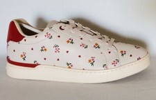 New Coach Size 8.5 B Clip Low Top Lace Up Sneaker Chalk  Red With Flowers C7666