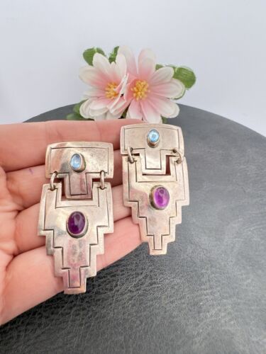 1989 🖤 Carol Felley 🖤 HUGE 🖤 Sterling Silver 925 Earrings CDF NA SOUTHWESTERN - Picture 2 of 11