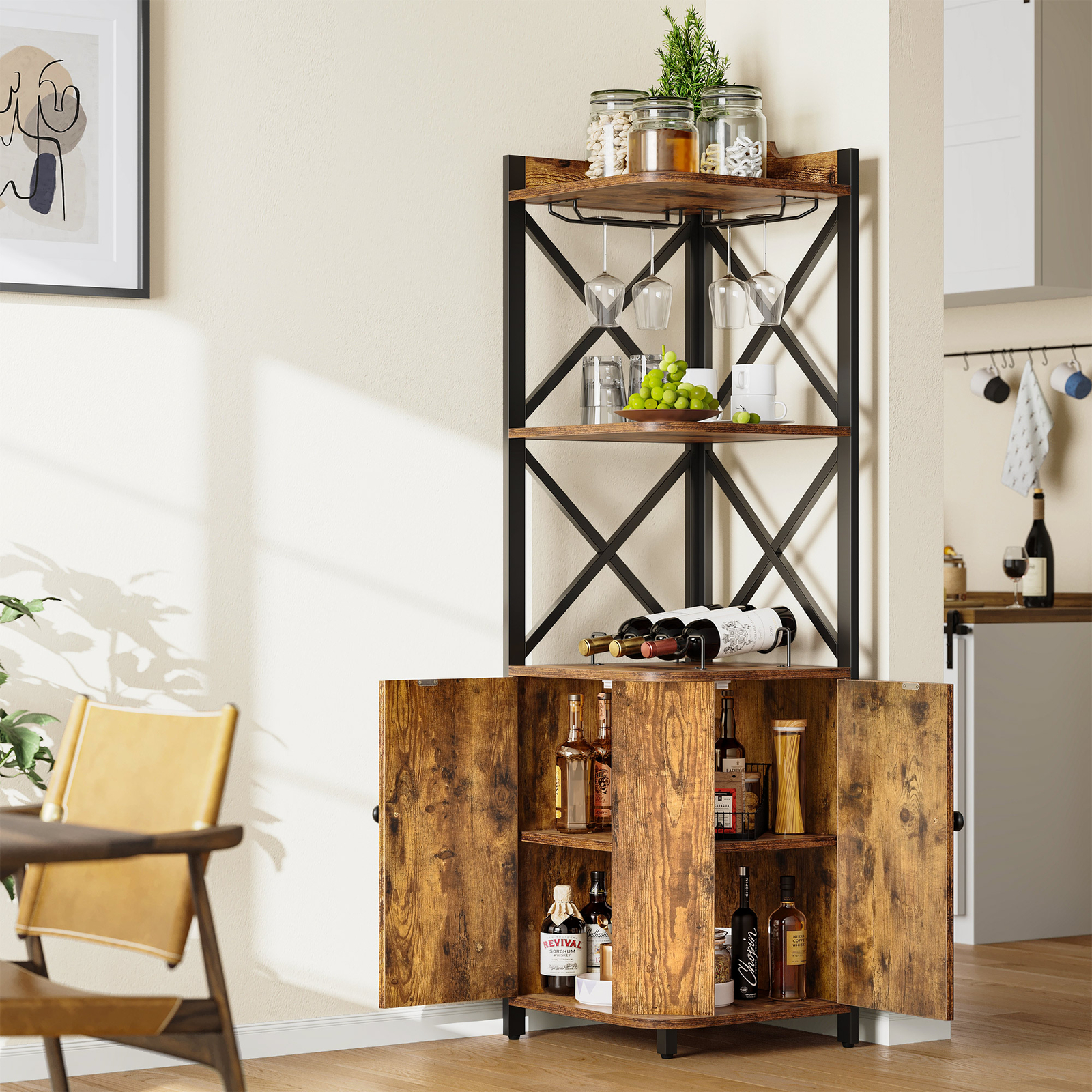 Industrial Corner Bar Cabinet with Glass Holder Wine Rack for Liquor & Glasses