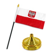 Polish Poland Eagle 4"x6" Flag Desk Set Table Stick Gold Base 100D