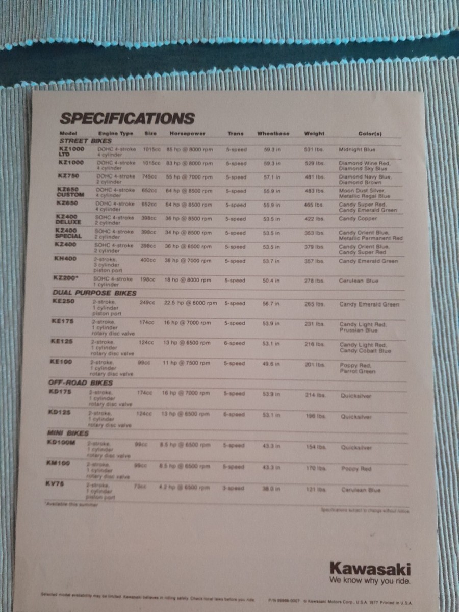 1977 KAWASAKI FULL LINE NEW MODELS BROCHURE - EXCELLENT! WITH FREE
