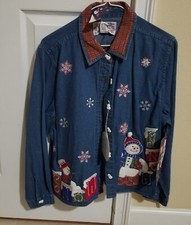 Vtg Tantrums Womens Pxl Denim 2 In 1 Jacket W/ Embroidered Christmas Scenes--nwt