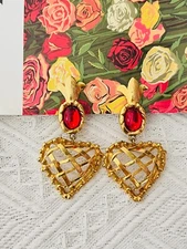 Christian Lacroix Vintage Ruby Heart Pineapple Criss Cross Drop Chunky Earrings