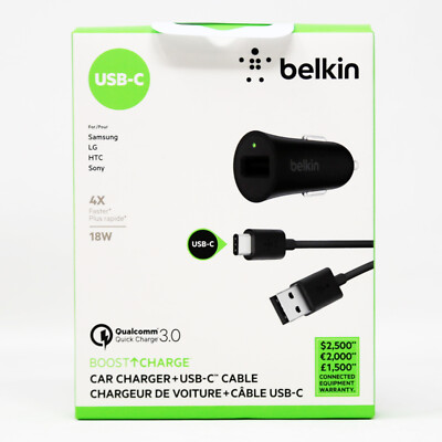 Belkin Car Charger+ USB-C Cable 4' Qualcomm Quick Charge 3.0 18W, Brand New!