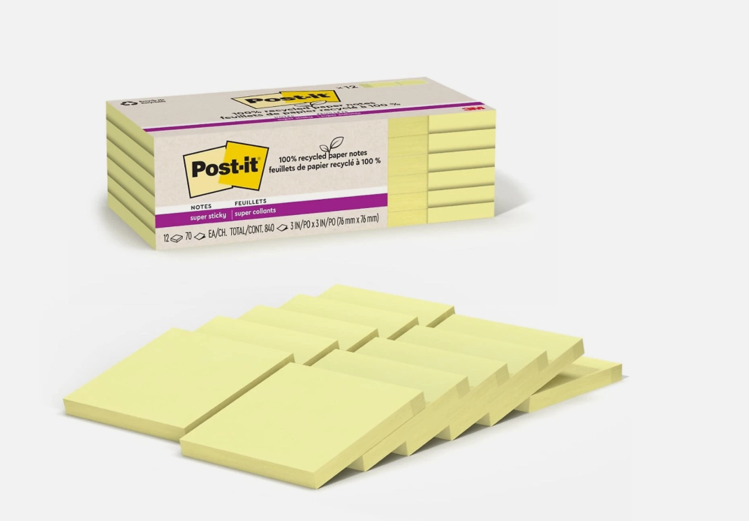 Recycled Super Sticky Post-it Notes 3x3 Canary 70 Sheets 12 Pads-image