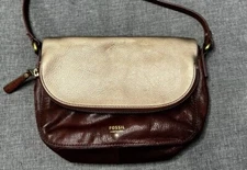 Fossil Preston Brown & Gold Leather Snap Fold-Over Flap Crossbody Purse EUC