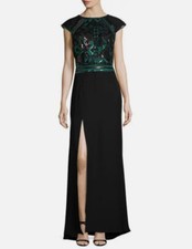 NWT Tadashi Shoji Runway Xena Geometric Sequin Deep Leaf Black Roux Gown Sz 12