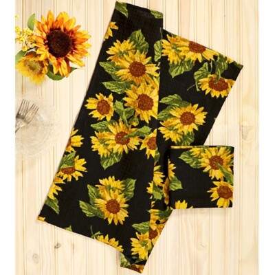 April Cornell Sunflower Valley Tea Towel Set of 2 Black, Yellow, Brown, Green