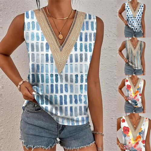 Womens Boho Floral V-Neck Sleeveless Tops Vest Ladies Summer Tank Blouse T Shirt