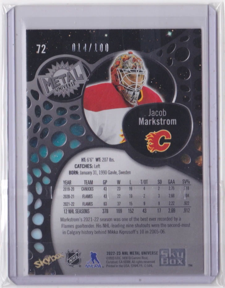 2022-23 NHL METAL UNIVERSE PRECIOUS METAL GEMS 14/100 JACOB MARKSTROM #72 FLAMES - Image 2 of 2