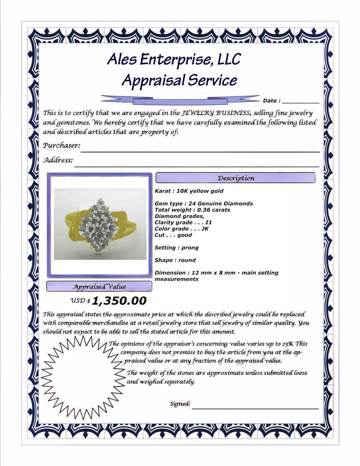 GENUINE 0.36 Cts DIAMONDS CLUSTER RING 10K YELLOW GOLD - Free Certificate - NWT - Image 4 of 4