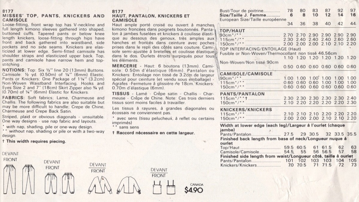 Patron De Couture Vogue 1982, Haut-Pantalon Culotte Caraco, Taille B36in - Neuf