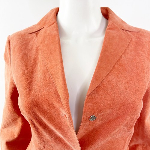 Vintage BCBGMAXAZRIA Coral Pink Leather Suit Suede XS Jacket & Pants Laser Cut - Picture 4 of 14