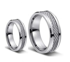 Men Or Ladies Tungsten Carbide Silver Carbon Fiber Wedding Band Ring SET