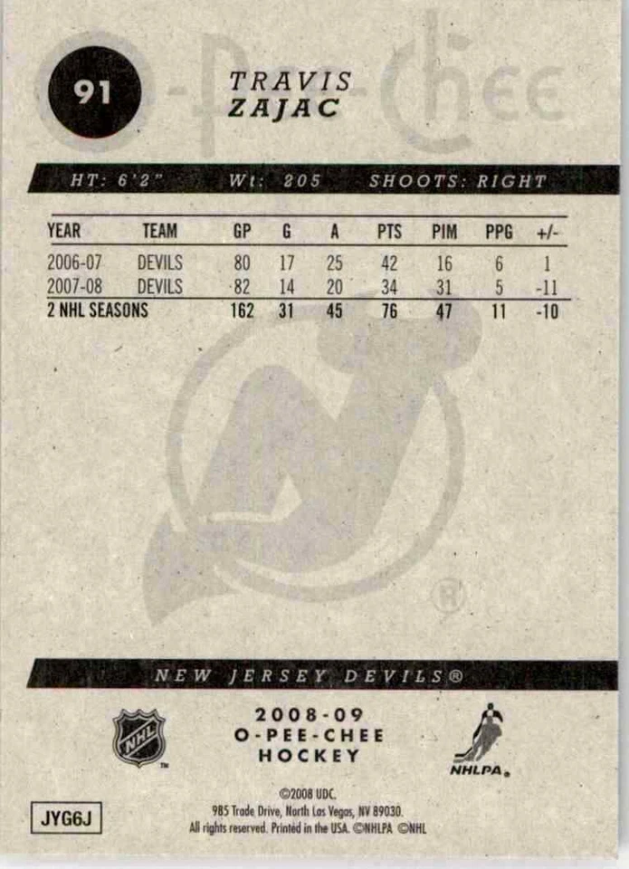 2008-09 O-Pee-Chee Travis Zajac #91 - Image 2 of 2