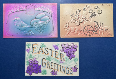 3 Air Brushed Easter Antique Postcards. Chick,Rabbits, Eggs. PUBL:Illustrated