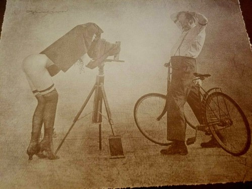 1960'-70's R. Hendrickson Sepia Print Sexy Lady Photographer & Man on Bicycle - Picture 2 of 4