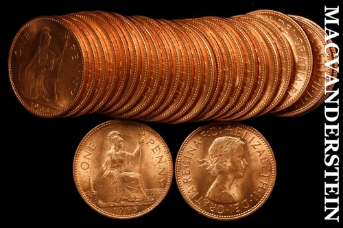 Roll of 25 Uncirculated 1965 Great Britain One Penny Coins - No Reserve  #ROL