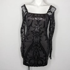 Lulus Black Sequin Sheer Long Sleeve Square Neck Mini Dress S