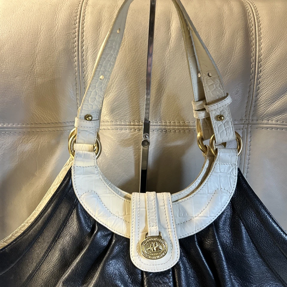 Bolso Brahmin X Grande Negro Blanco Rico Hermoso Cuero Borde de Cocodrilo 16x15! Raro Foto 2 de 4