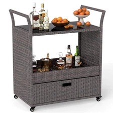 Rolling Portable Rattan Wicker Kitchen Trolley Cart Dining Restaurant W/Shelves