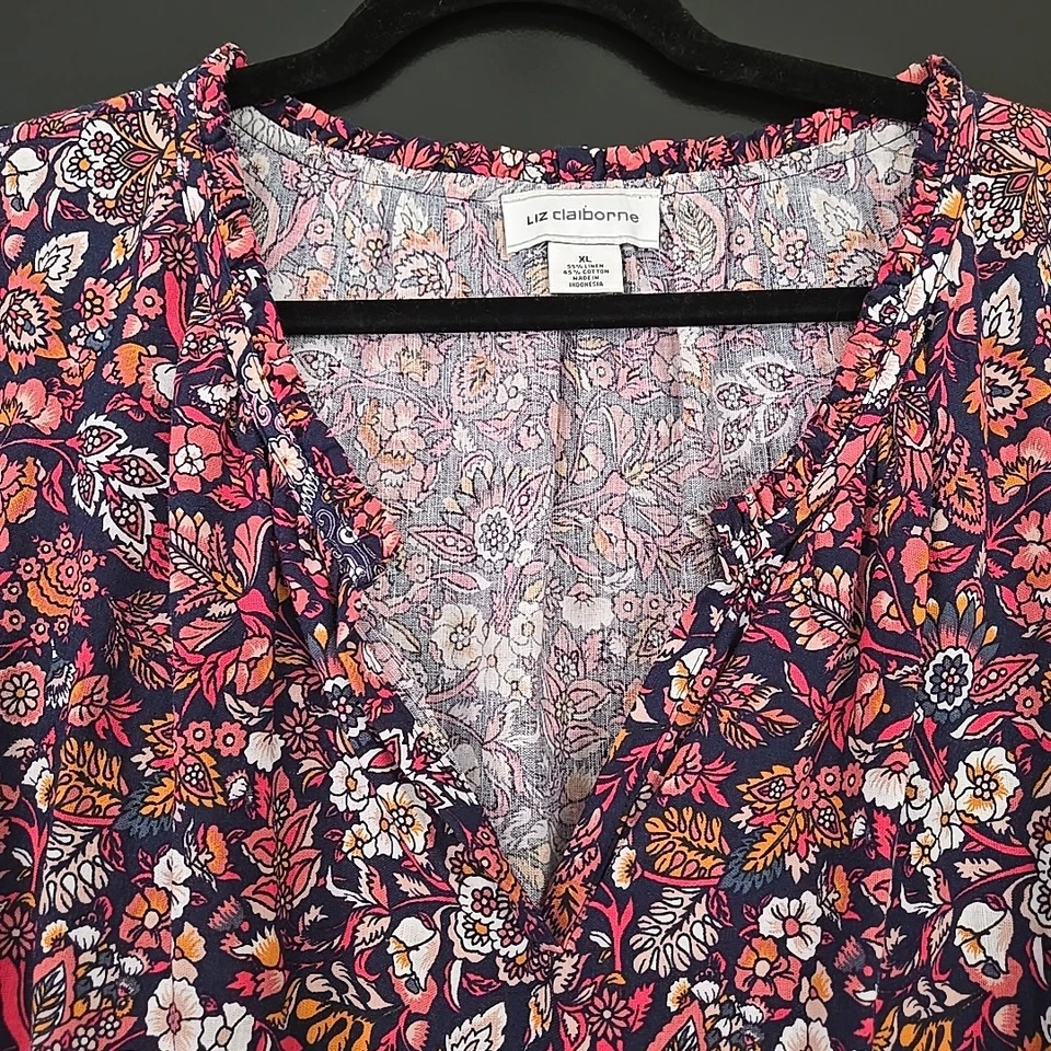 Liz Claiborne Linen Floral Midi Dress Women's XL Cotton Blend V-Neck Pockets - Image 3 of 4