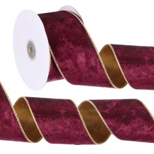 2.5 Inch x 10 Yards Velvet Wired Gold Crushed Ribbon for Bow Decor Wine Red