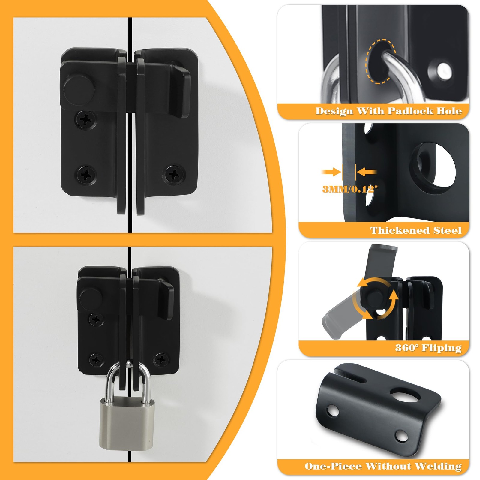 Flip Latch Gate Latches Set with Padlock,Slide Bolt Latch Safety Door Lock Ca...