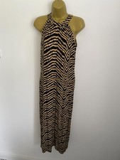 Peacocks Size 10 Black Maxi Dress Yellow White Pattern Halter Neck Stretchy