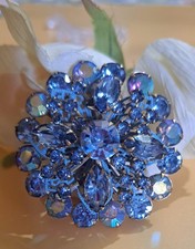 Vintage Rosette Blue Rhinestone Brooch Pin