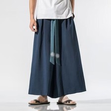 Chinese Ethnic Style Mens Cotton Linen Loose Trousers Casual Wide Leg Pants