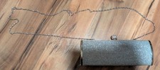 Vtg Silver Metallic Clutch Evening Purse w/ Gem Lock Satin Lining Chain Strap