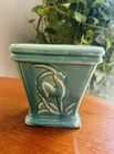 Vintage NM Nelson McCoy Pottery Aqua Gloss Square Gazelle Palm Tree Planter 5 ¼"