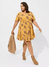 Torrid Mini Wash Challis Flutter Sleeve Lace Back Dress Mustard Plus Size 4