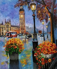 YARY DLUHOS London England Big Ben Westminster City Street Original Oil Painting