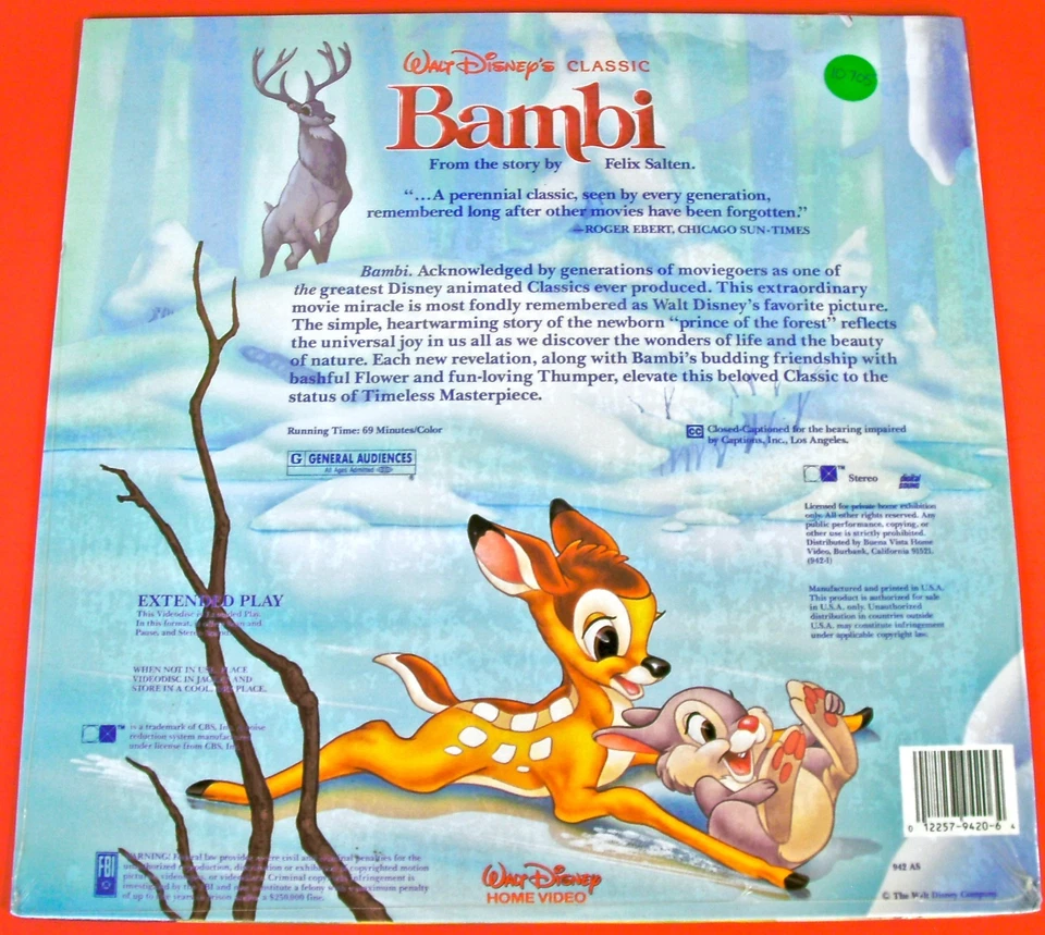 BAMBI WALT DISNEY THE ORIGINAL 1989 ANIMATED CLASSIC LASER DISC EXTENDED PLAY - Image 2 of 2